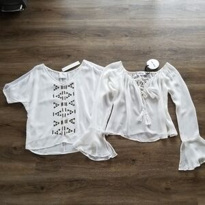 Line and Dot White Blouses Tops Bell Sleeve Tassle XS semi sheer boho festival